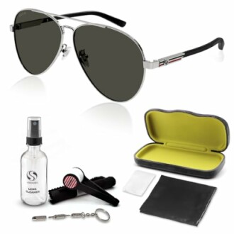 Aviator sunglasses with accessories including a case, lens cleaner, and cleaning cloth.