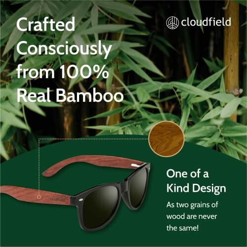 Advertisement for sunglasses made from real bamboo with unique design.