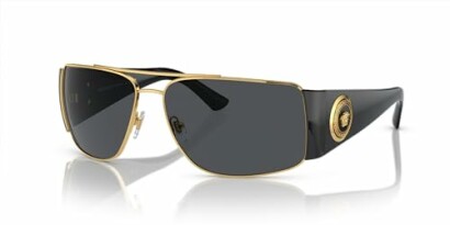 Black and gold sunglasses with a decorative emblem on the side.