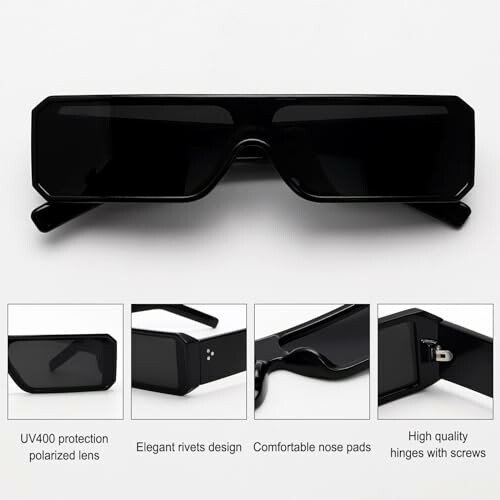 Black square sunglasses with polarized lenses and detailed close-ups