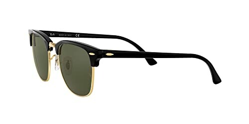 Black sunglasses with green lenses, side view.