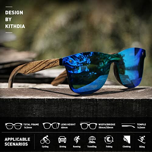 Blue lens sunglasses with wooden frame on a surface, showcasing design specifications.