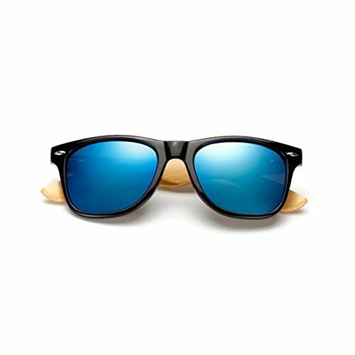 Black sunglasses with blue reflective lenses and wooden temples.