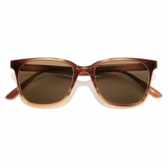 Front view of brown sunglasses with tinted lenses.