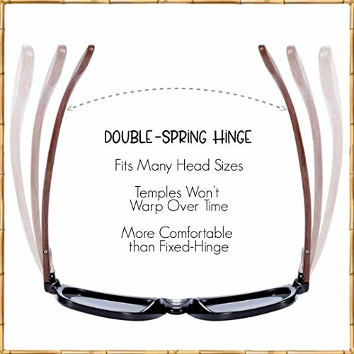 Double-spring hinge glasses with flexible temples for comfort.