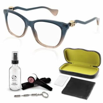 Eyeglasses with cleaning kit, case, and accessories.