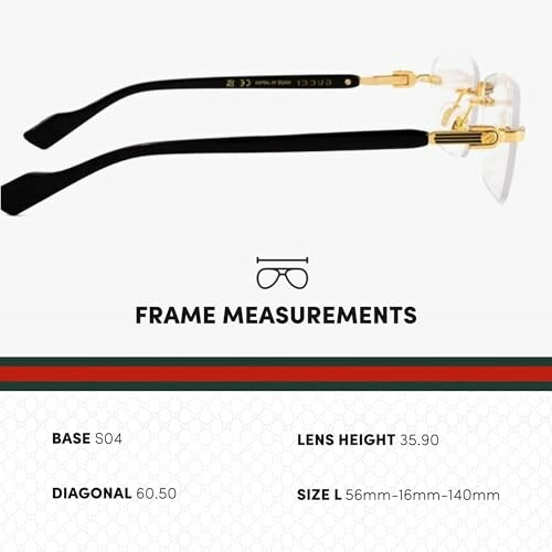 Eyeglasses frame measurements with dimensions and model details.