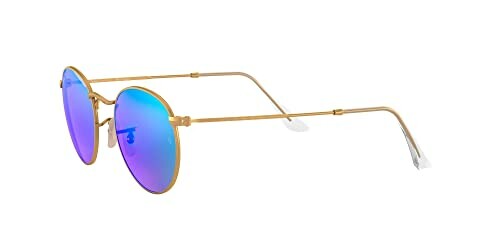 Round sunglasses with gold frames and blue lenses