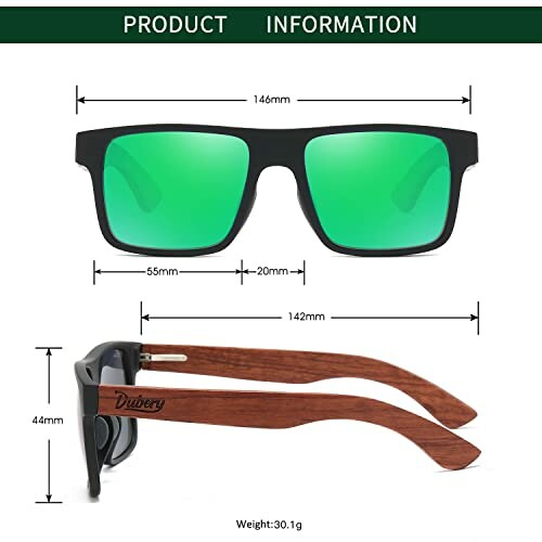 Sunglasses with green lenses and wooden arms, showing dimensions and weight.