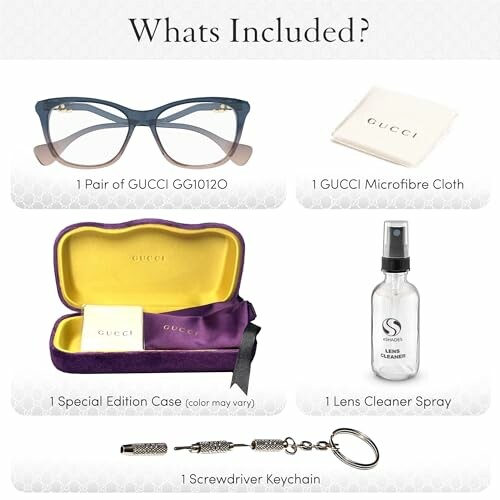 Contents of Gucci eyewear accessory kit including glasses, cloth, case, cleaner, and keychain.