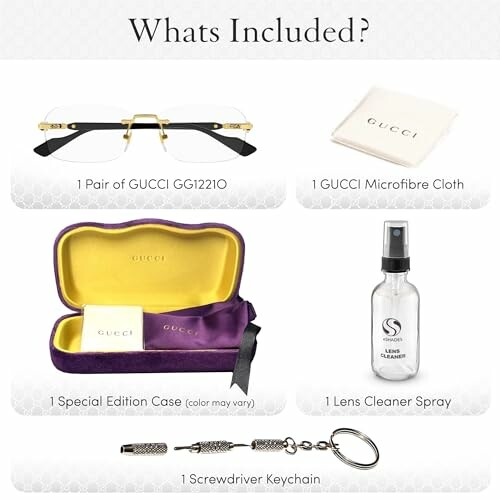 Gucci glasses with microfiber cloth, special edition case, lens cleaner spray, and screwdriver keychain.