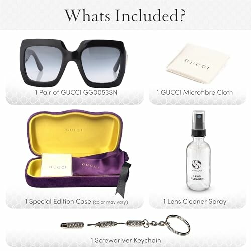 Gucci sunglasses with case, cloth, cleaner, and keychain.