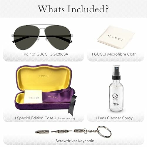 Contents of Gucci sunglasses package including sunglasses, microfiber cloth, case, lens cleaner spray, and screwdriver keychain.