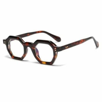 Hexagonal tortoise shell eyeglasses with clear lenses