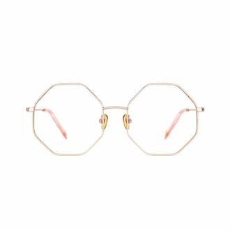 Octagonal eyeglasses with thin metal frames on a white background.