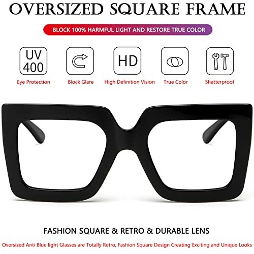 Oversized square frame glasses with UV protection and shatterproof features.