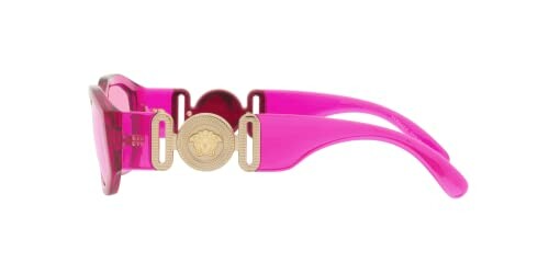 Side view of pink designer sunglasses with gold detail