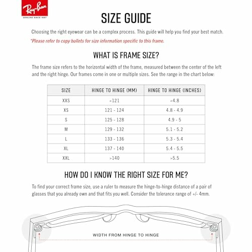 Ray-Ban eyewear size guide with frame size chart.