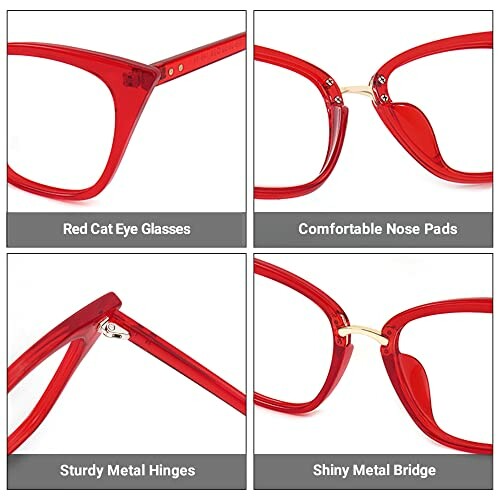 Red cat eye glasses with comfortable nose pads, sturdy metal hinges, and shiny metal bridge.