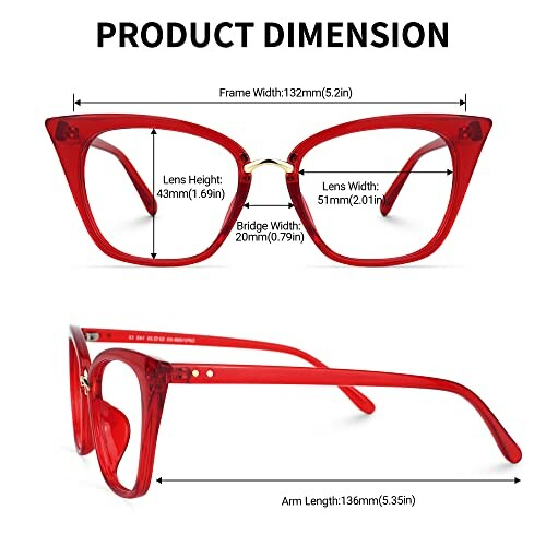 Red cat-eye glasses with dimension details.