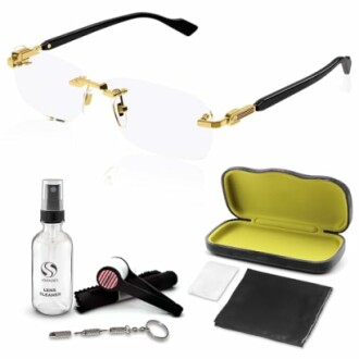 Rimless glasses with a cleaning kit and case.