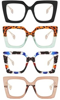 Four pairs of square fashion glasses in various colors and patterns.