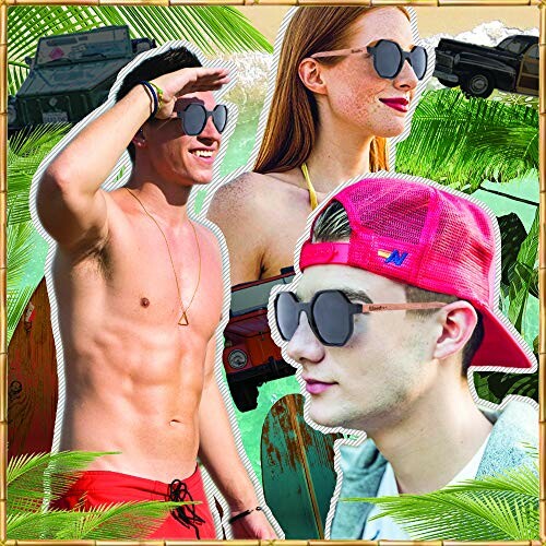 Collage of young people in sunglasses with beach and tropical theme.