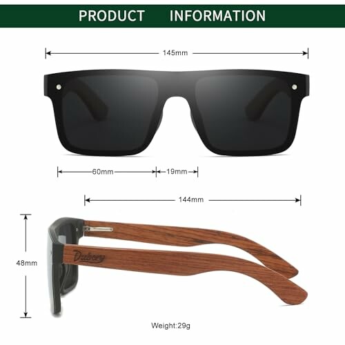 Sunglasses with measurements and wooden arms