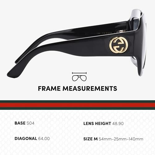 Sunglasses frame measurements with logo detail.