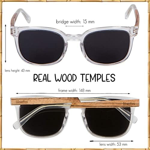 Sunglasses with clear frames and real wood temples, dimensions labeled.