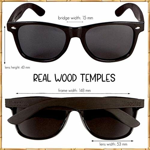 Sunglasses with real wood temples and measurements.