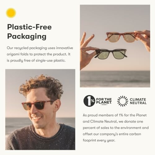 Eco-friendly eyewear packaging and donation info.