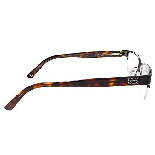 Side view of tortoise shell eyeglass frames with clear lenses.