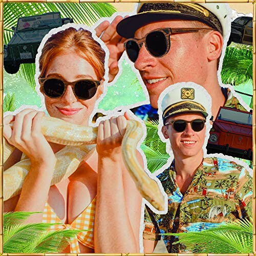 Collage of tropical vacation with people, a snake, and vehicles.