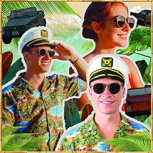 Three people in captain hats and tropical shirts with sunglasses, tropical background.