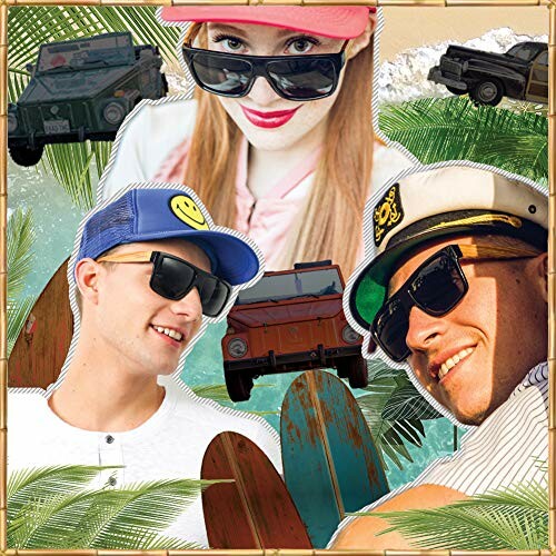 Collage of people with sunglasses, palm leaves, and surfboards.