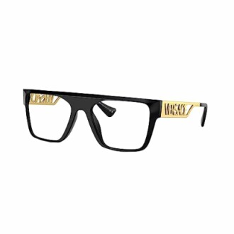 Black rectangular glasses with gold Versace logo on the sides.