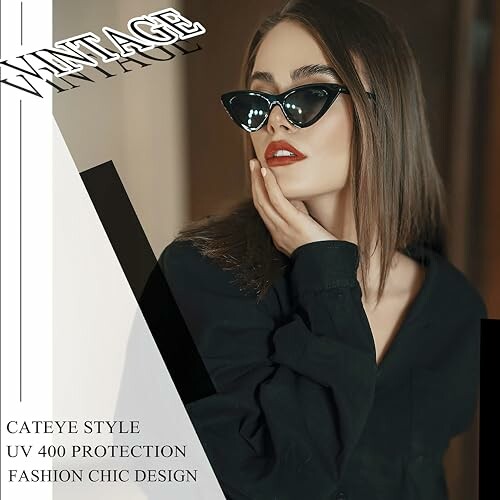 Woman in cat-eye sunglasses with vintage style.