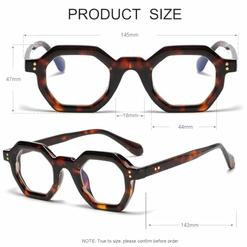 Vintage tortoise shell eyeglasses with geometric frames and size measurements.