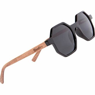 Wood-framed sunglasses with black lenses.