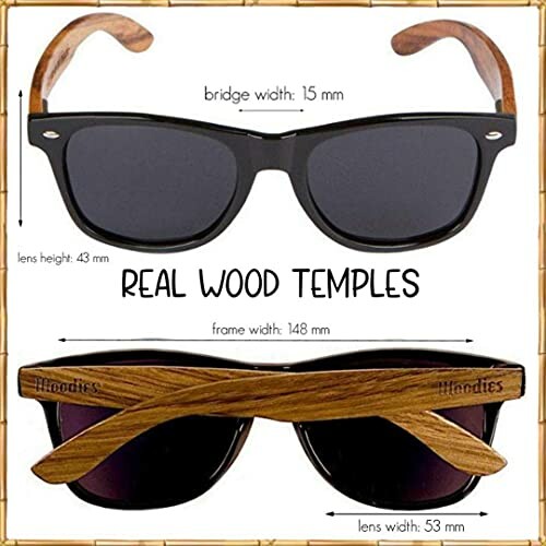 Sunglasses with real wood temples, dimensions labeled.