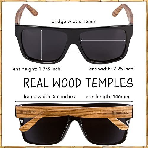 Sunglasses with real wood temples and measurement details