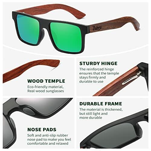 Wooden frame sunglasses with sturdy hinge and eco-friendly materials.