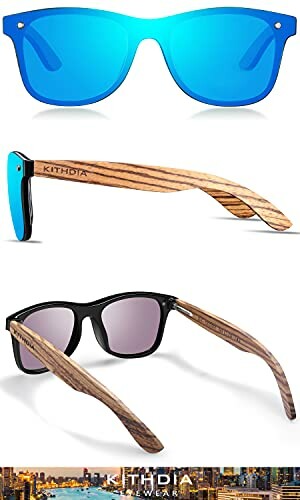 Wooden frame sunglasses with blue and black lenses