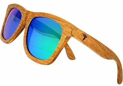 Wooden frame sunglasses with blue-green lenses