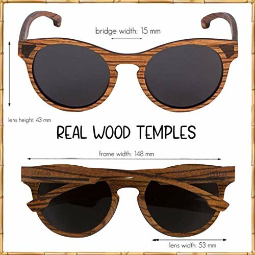 Wooden sunglasses with dimensions for bridge, lens height, and frame width.