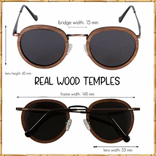 Wooden sunglasses dimensions with bridge, lens height, frame width, and lens width measurements.