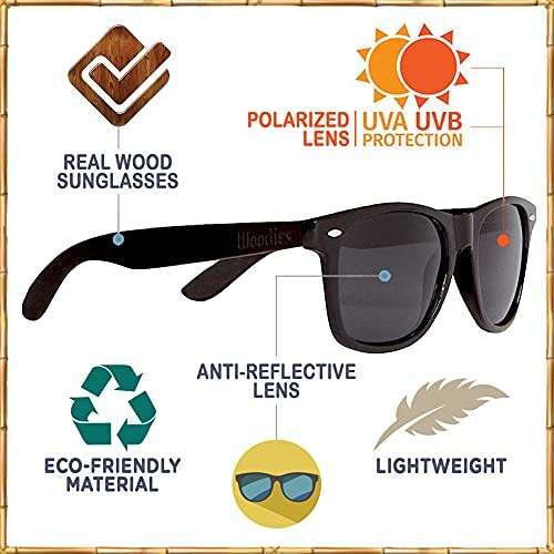 Features of real wood sunglasses with polarized lens and UV protection.