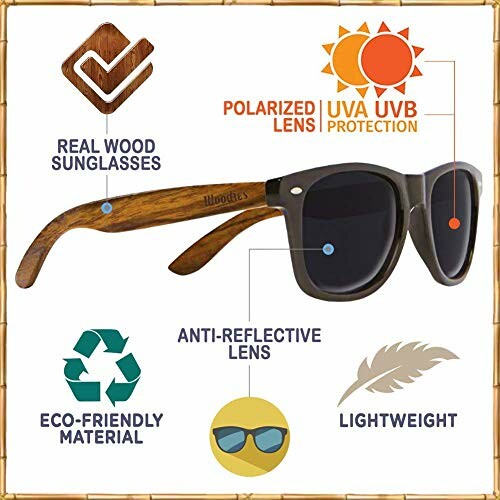 Wooden sunglasses with polarized lenses and UV protection features.