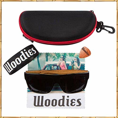 Wooden sunglasses with case, wristband, and cleaning cloth.